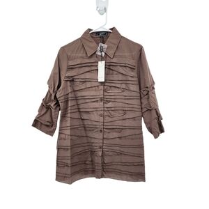 Zashi Women's 100% Cotton Pintucks Button Down Shirt Taupe- S